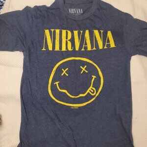 Nirvana Smiley Face Graphic Band Tee Blue Yellow Logo Size M